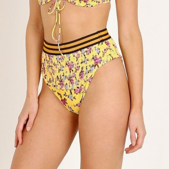 For Love & Lemons Paulina Shirred Bikini Bottom Yellow Floral XS - Picture 1 of 8